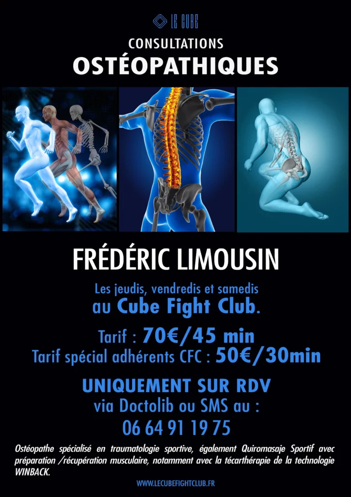 Affiche indiquant les services ostéopathie que le Cube Fight Club propose